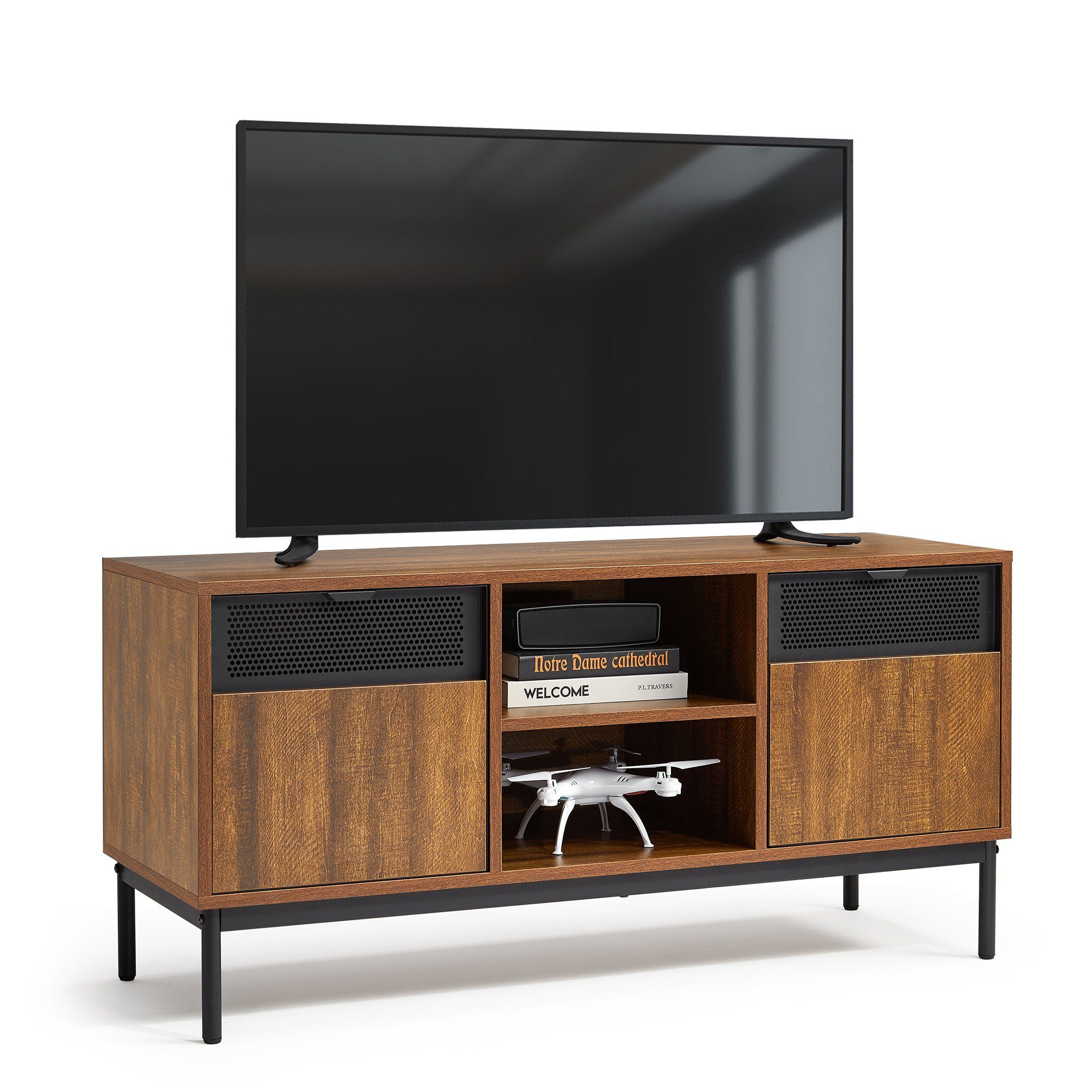 Mondeer Lowboard TV Schrank (TV Lowboard), mit 2 Ausgehöhlten Metalltüren und Verstellbarem Einlegeboden