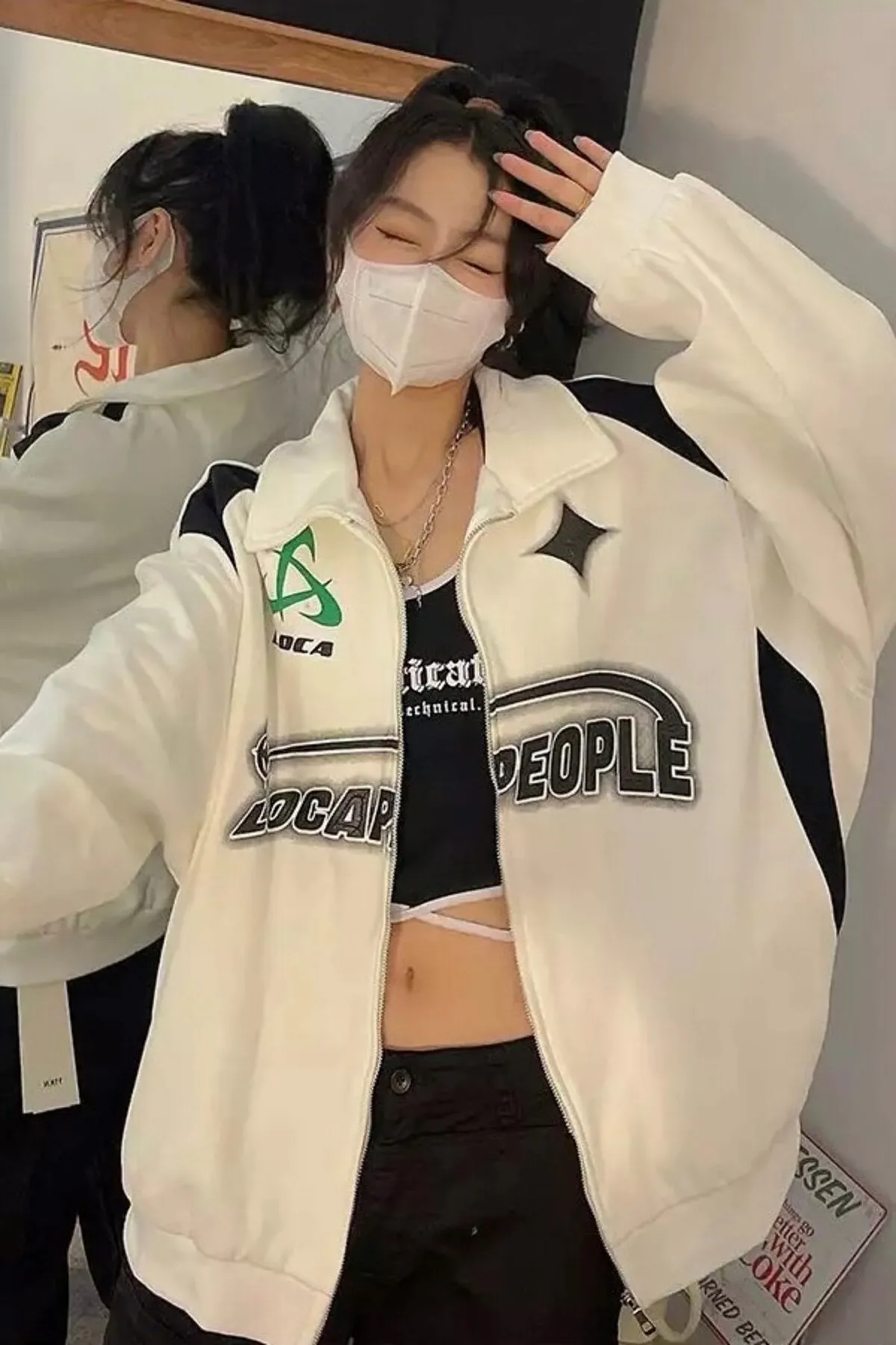 EFBUTİK  Weißer Unisex Y2k Streetwear Locapeople Ribbon Zipper Cardigan