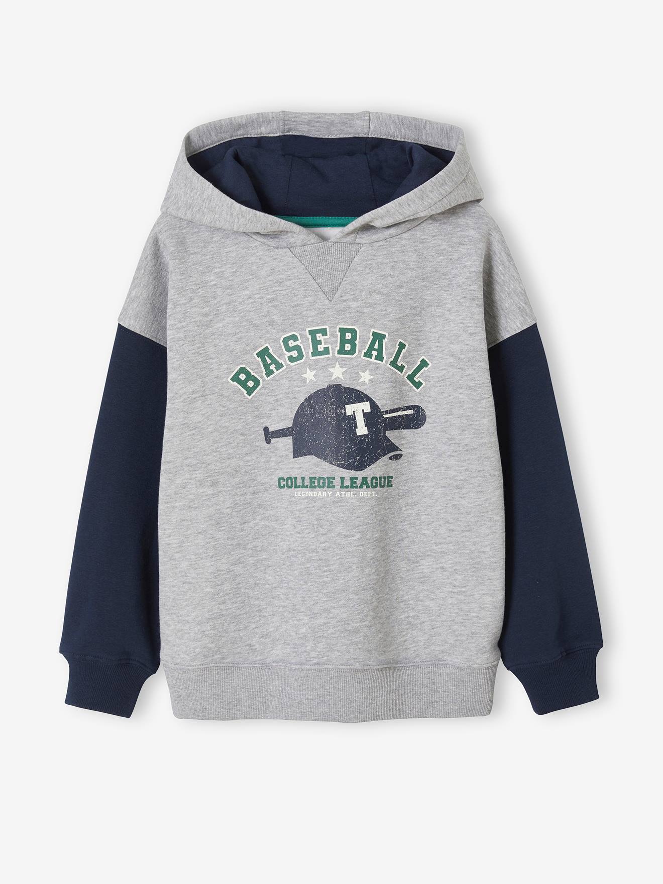 Sweat à capuche motif baseball manches contrastées garçon gris chiné moyen