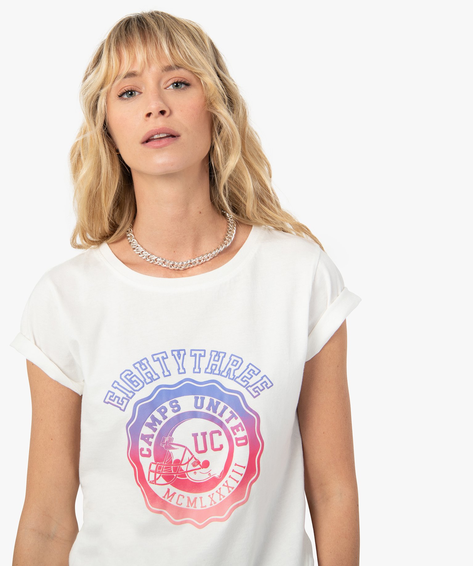 Tee-shirt femme à manches courtes avec motif – Camps United ecru | GEMO