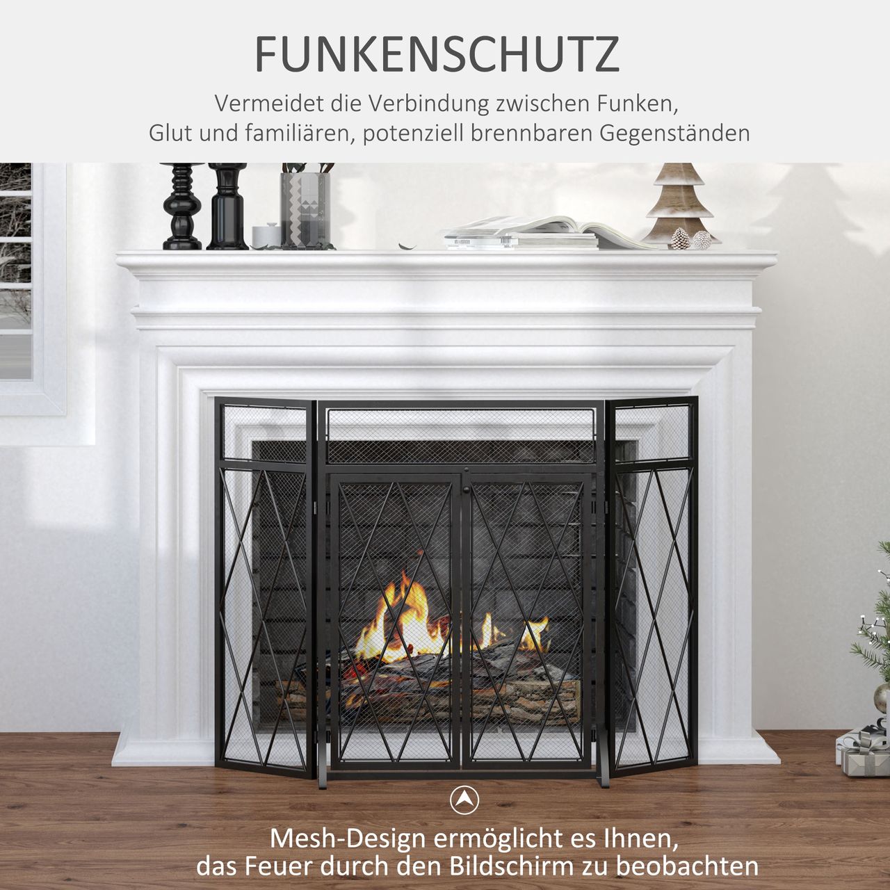 HOMCOM Kaminschirm Schmiedeeisen dreiteilige Design Doppeltüren Metall Schwarz