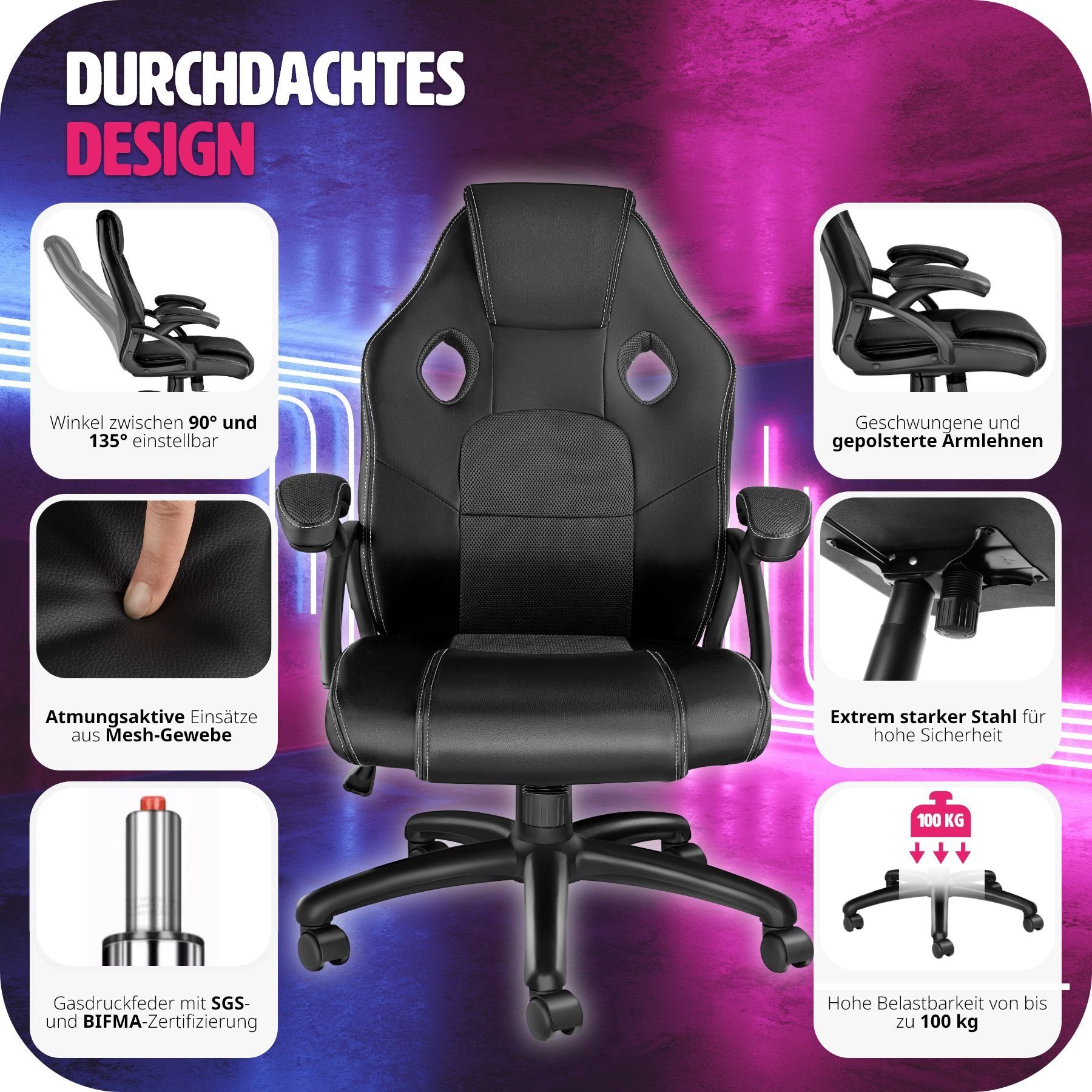 tectake Gaming-Stuhl Mike (1er, 1 St), einstellbare Wippmechanik