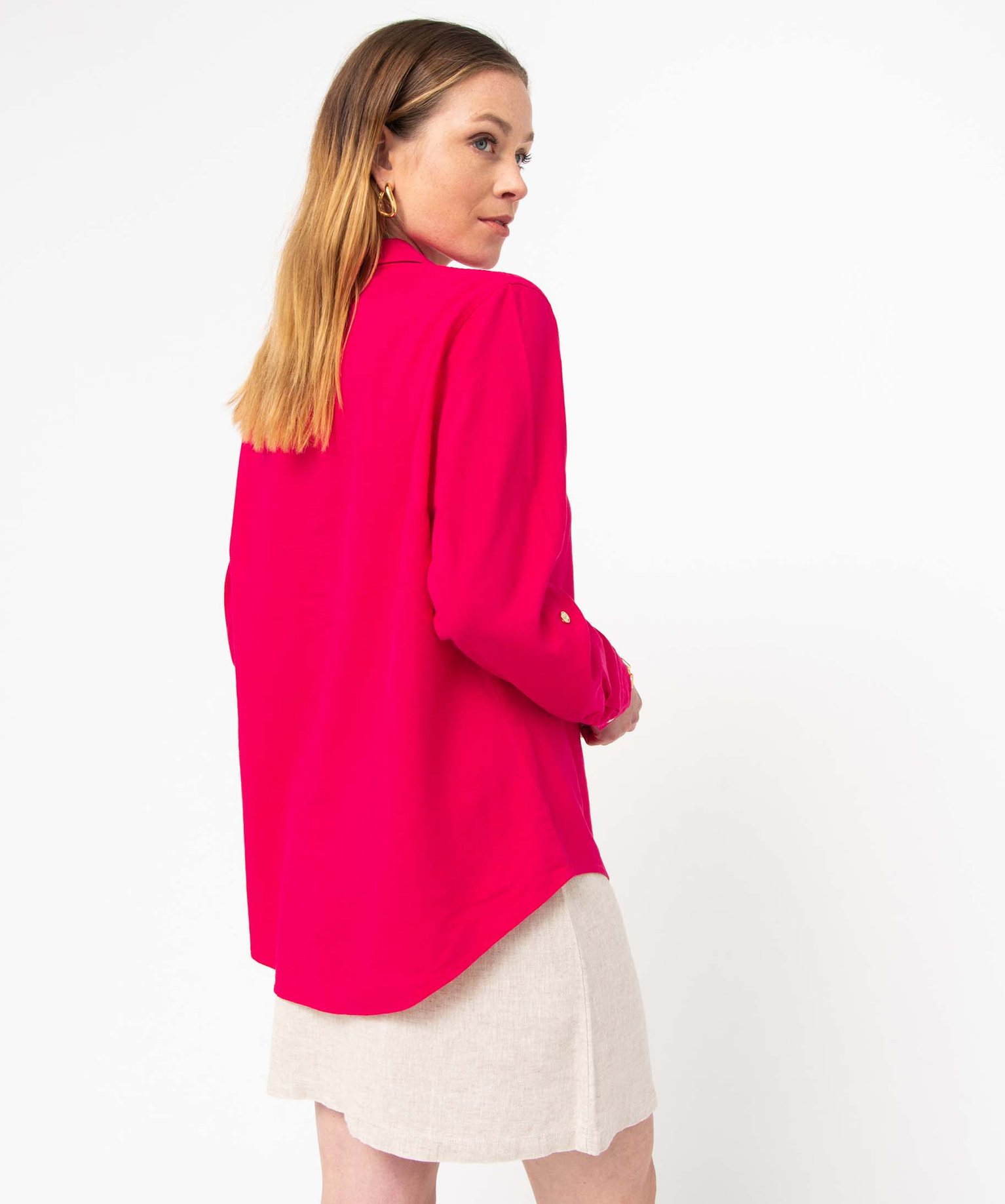 Chemise femme avec col boutonné contenant du lin rose | GEMO