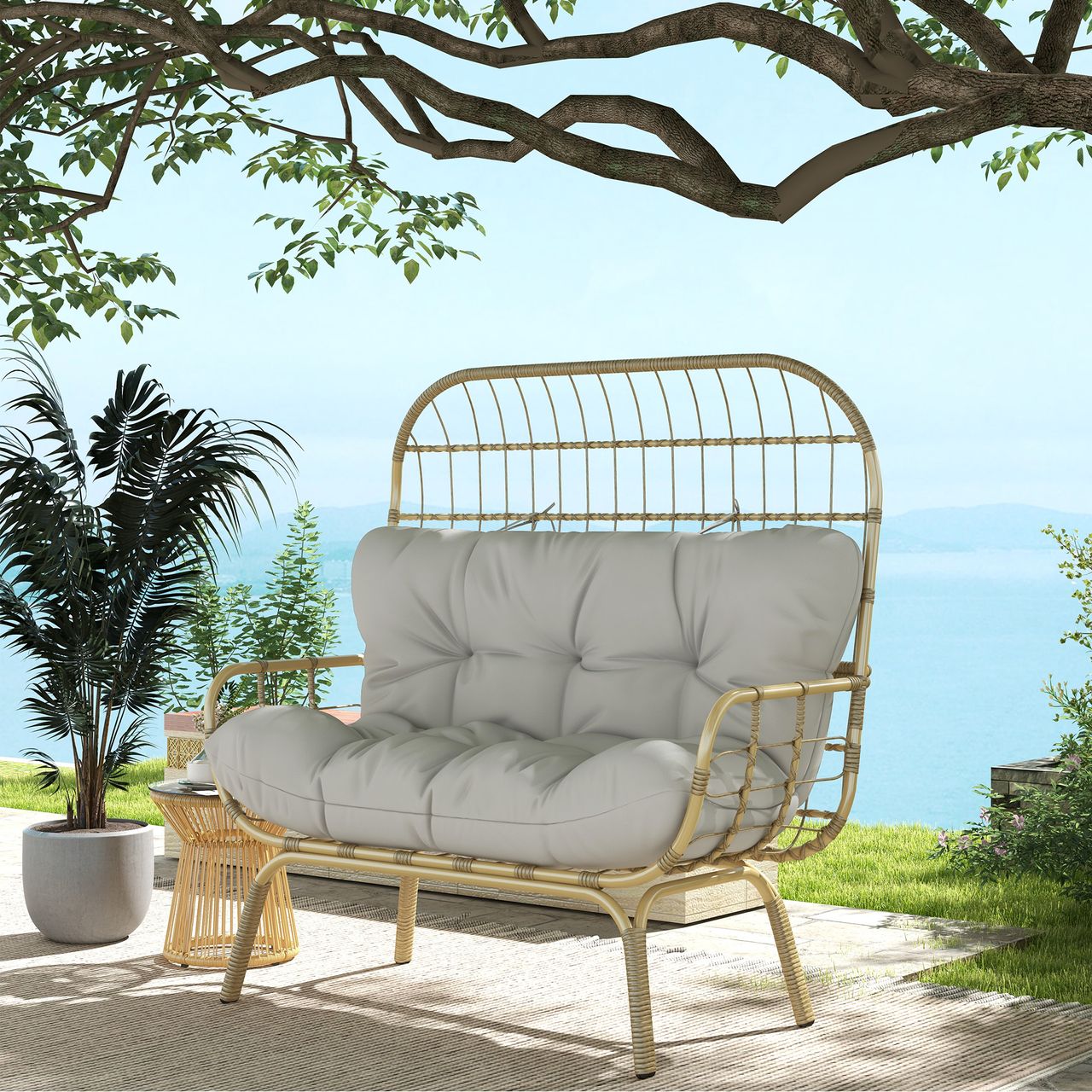 Outsunny Gartensofa 2 Sitzer Rattansofa mit Armlehne, Gepolstertem Kissen, Grau