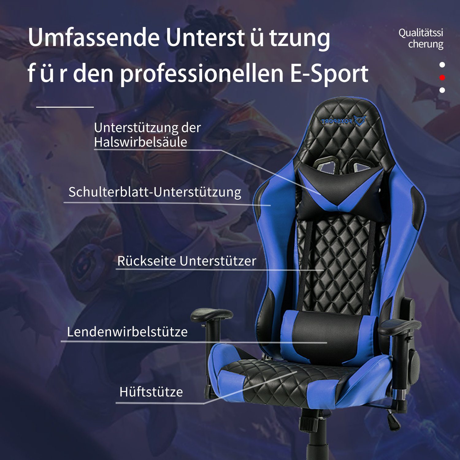 IKIDO Gaming-Stuhl Ergonomischer Spielestuhl (Professioneller Gamingstuhl), Verstellbare Rückenlehne, Ergonomischer Rahmen, Stoßdämpfendes Kissen