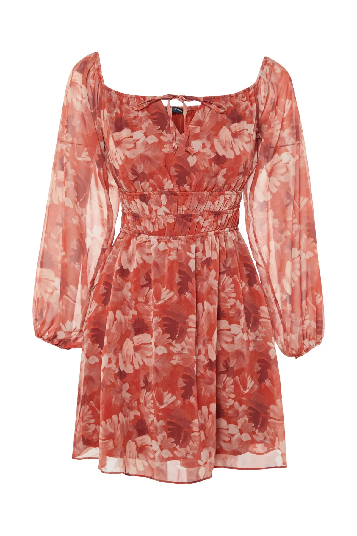 Trendyol Collection  Gerade geschnittenes Mini-Kleid aus gewebtem Chiffon mit Carmen-Kragen und gemustertem Webkleid TWOSS23EL00513