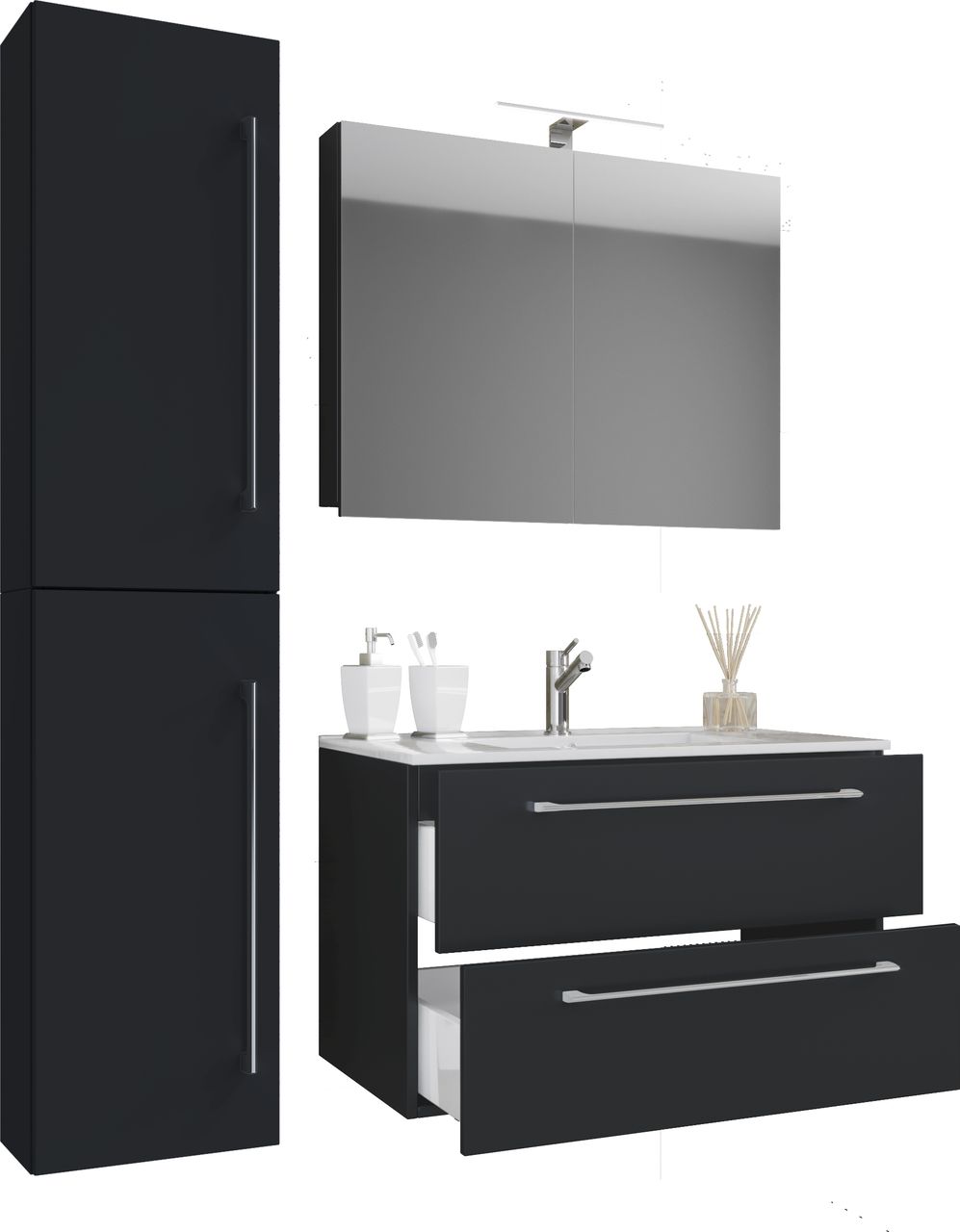 VCM Waschplatz Badinos 80 cm Spiegelschrank & Hochschrank 4-tlg. schwarz