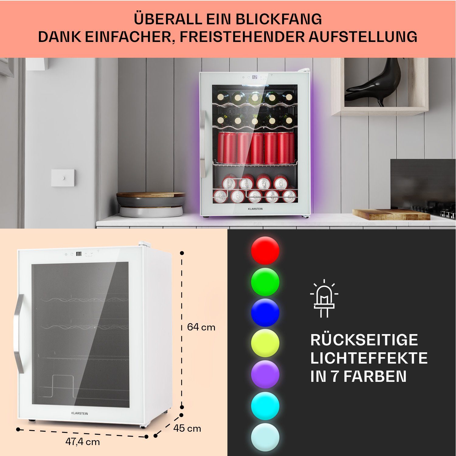Klarstein Getränkekühlschrank HEA-Coachella 60-wh 10045042, 47 cm hoch, 63.6 cm breit, Bierkühlschrank Getränkekühlschrank Flaschenkühlschrank mit Glastür