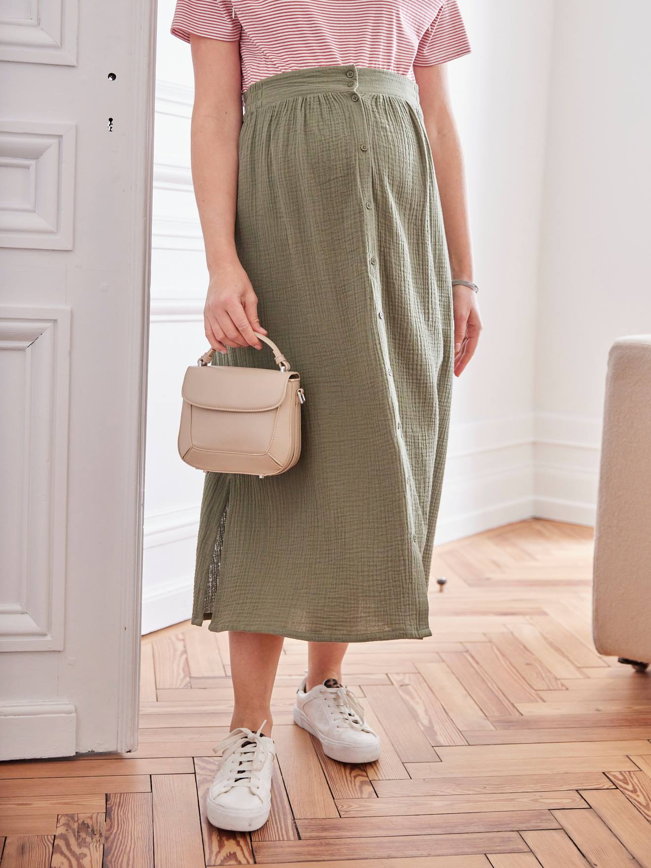 Jupe longue de grossesse en gaze de coton olive
