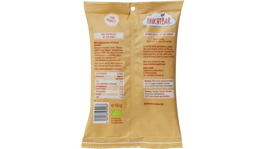 FRUCHTBAR Bio Gebäck Laugenherzen Dinkel 90 g