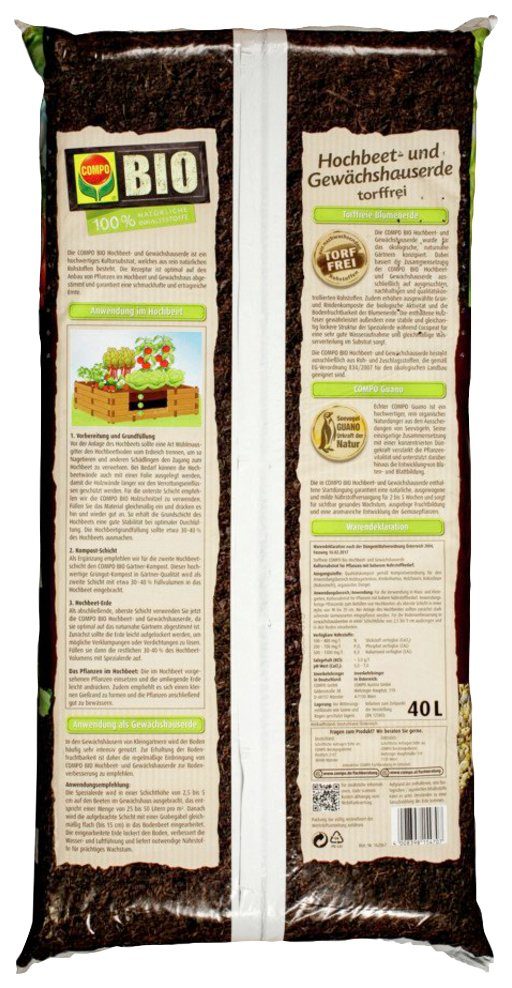 Compo Bio-Erde COMPO BIO, Hochbeet- und Gewächshauserde torffrei, 40 Liter