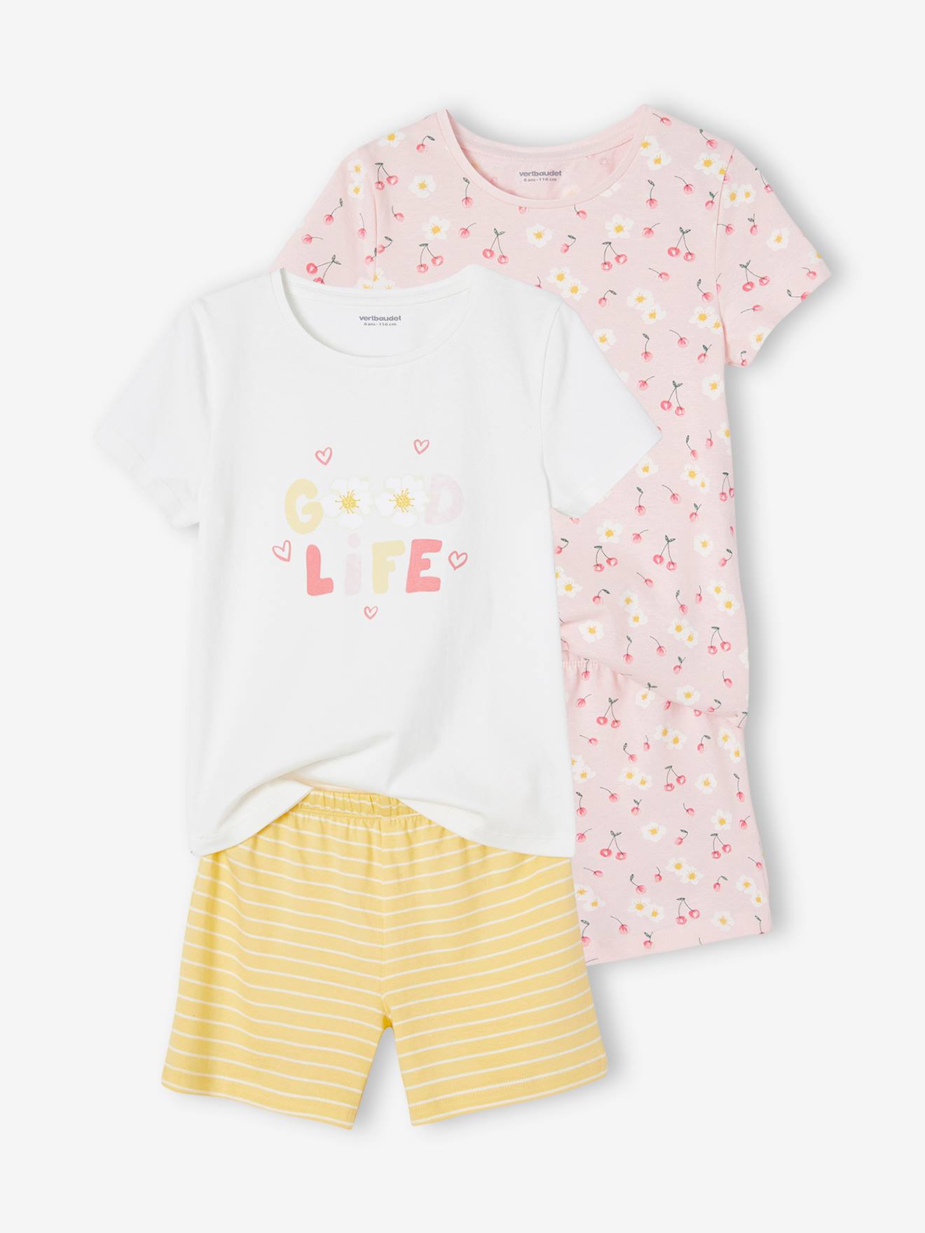 Lot de 2 pyjashorts fille imprimés fleurs et cerises Basics jaune pâle