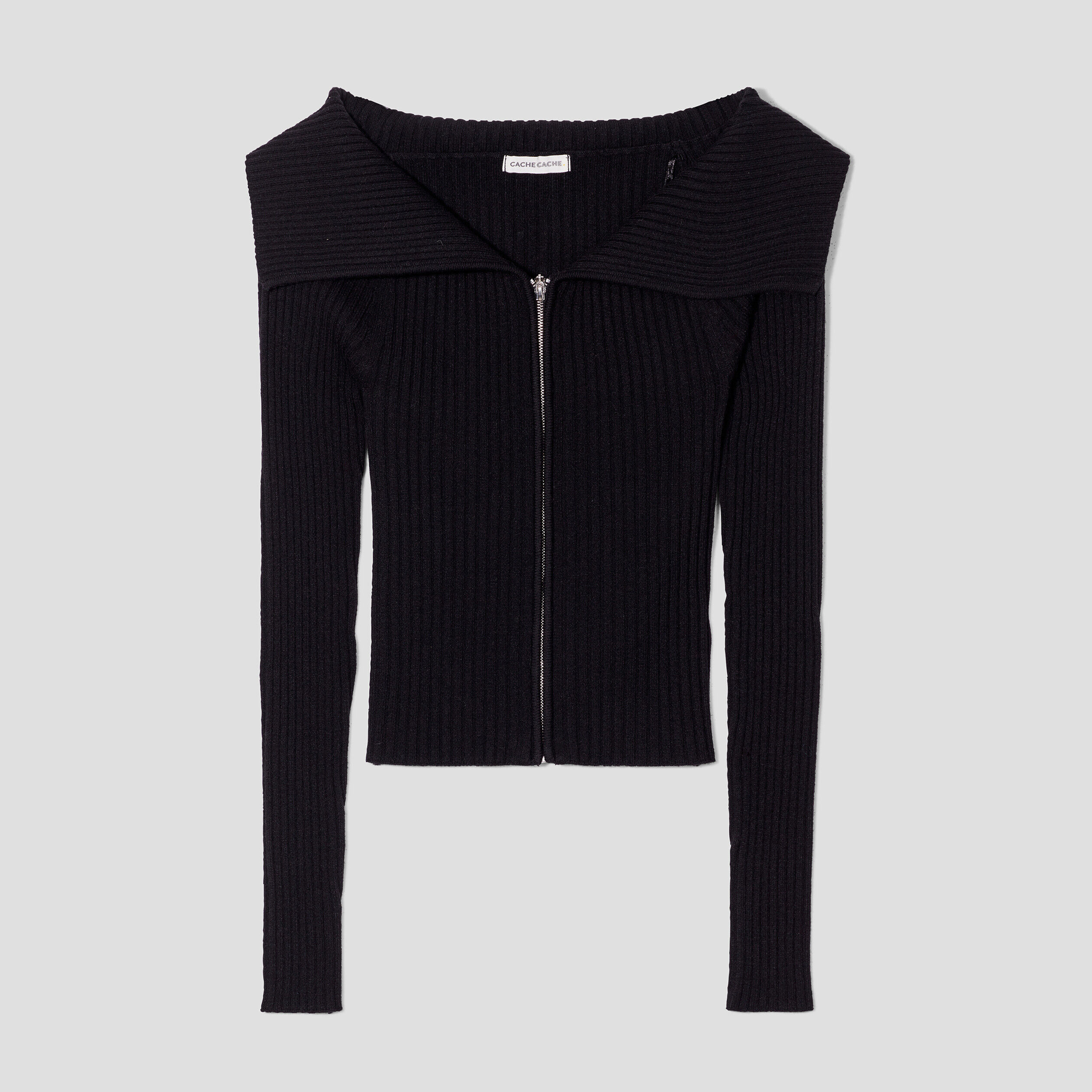 Gilet côtelé col bardot noir femme | Cache Cache