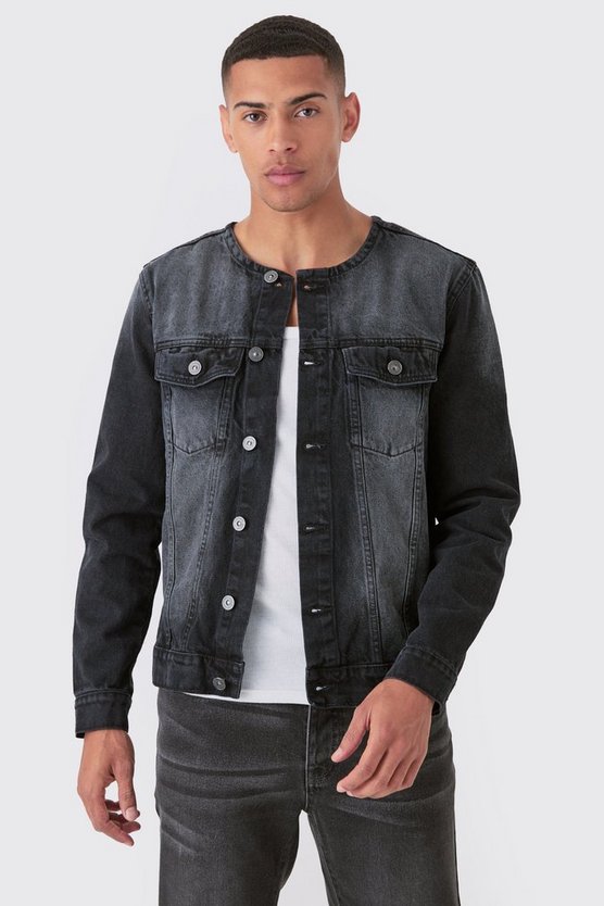 Kragenlose Jeansjacke in Schwarz
