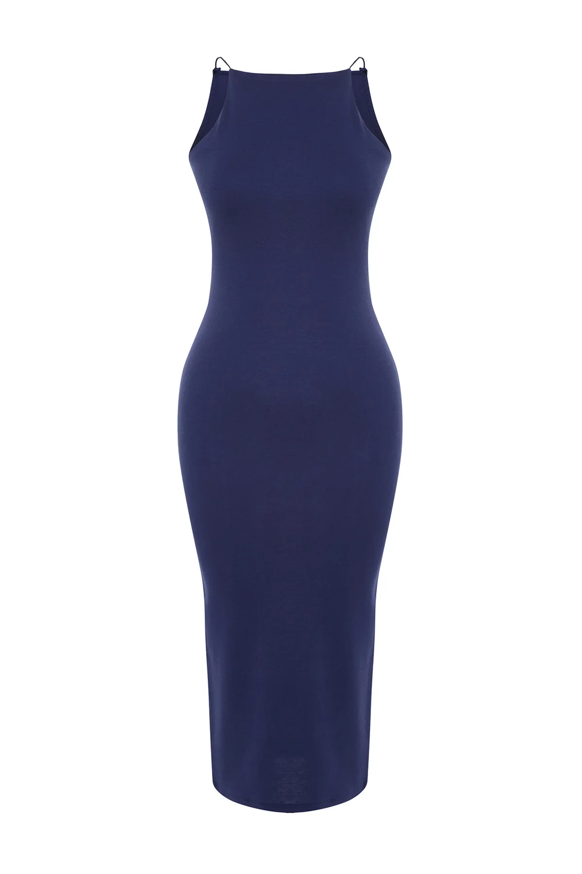 Trendyol Collection  Marineblaues, tailliertes Neckholder-Midi-Bleistiftkleid aus geripptem flexiblem Strick TWOSS24EL00020