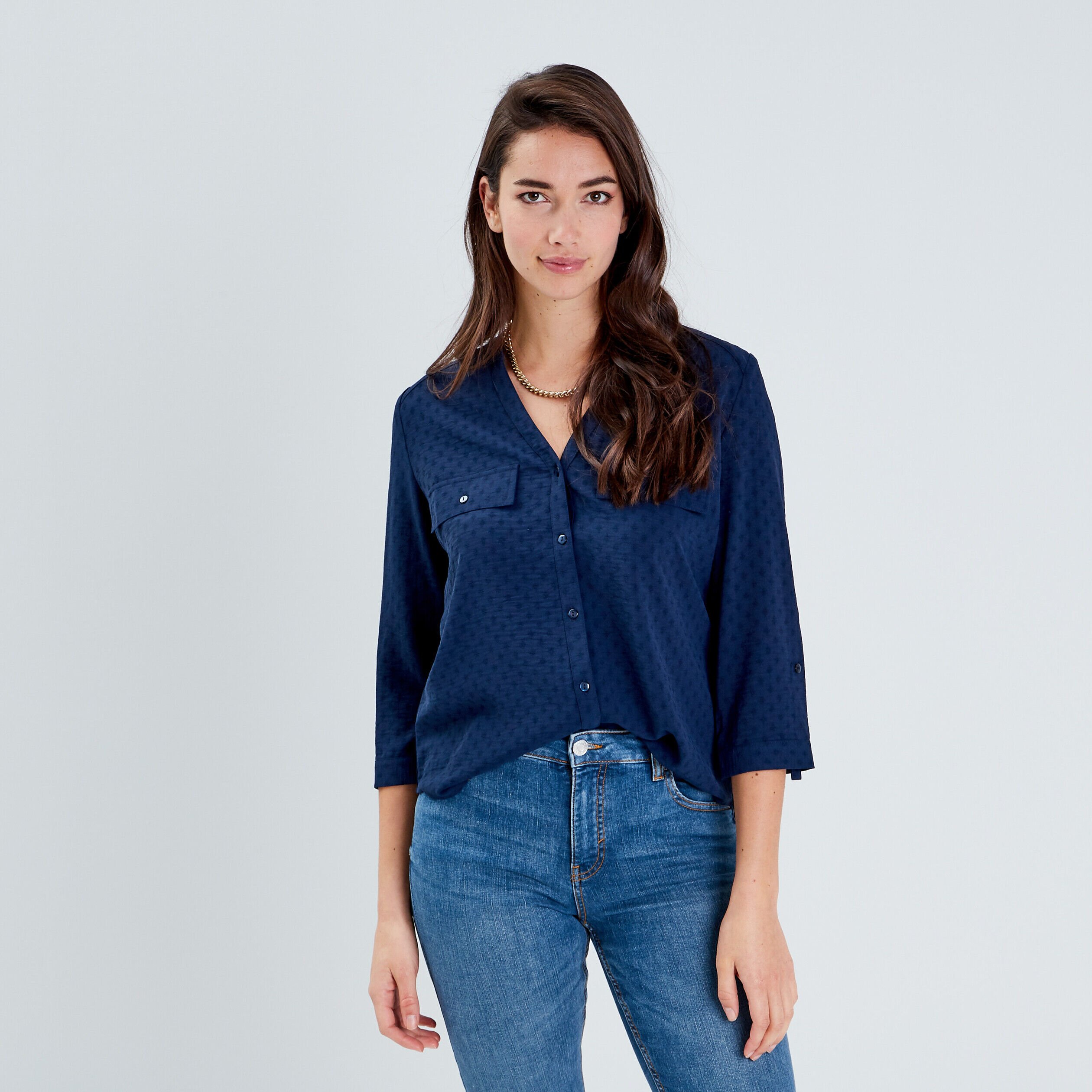 Chemise manches 3/4 bleu marine femme | Cache Cache