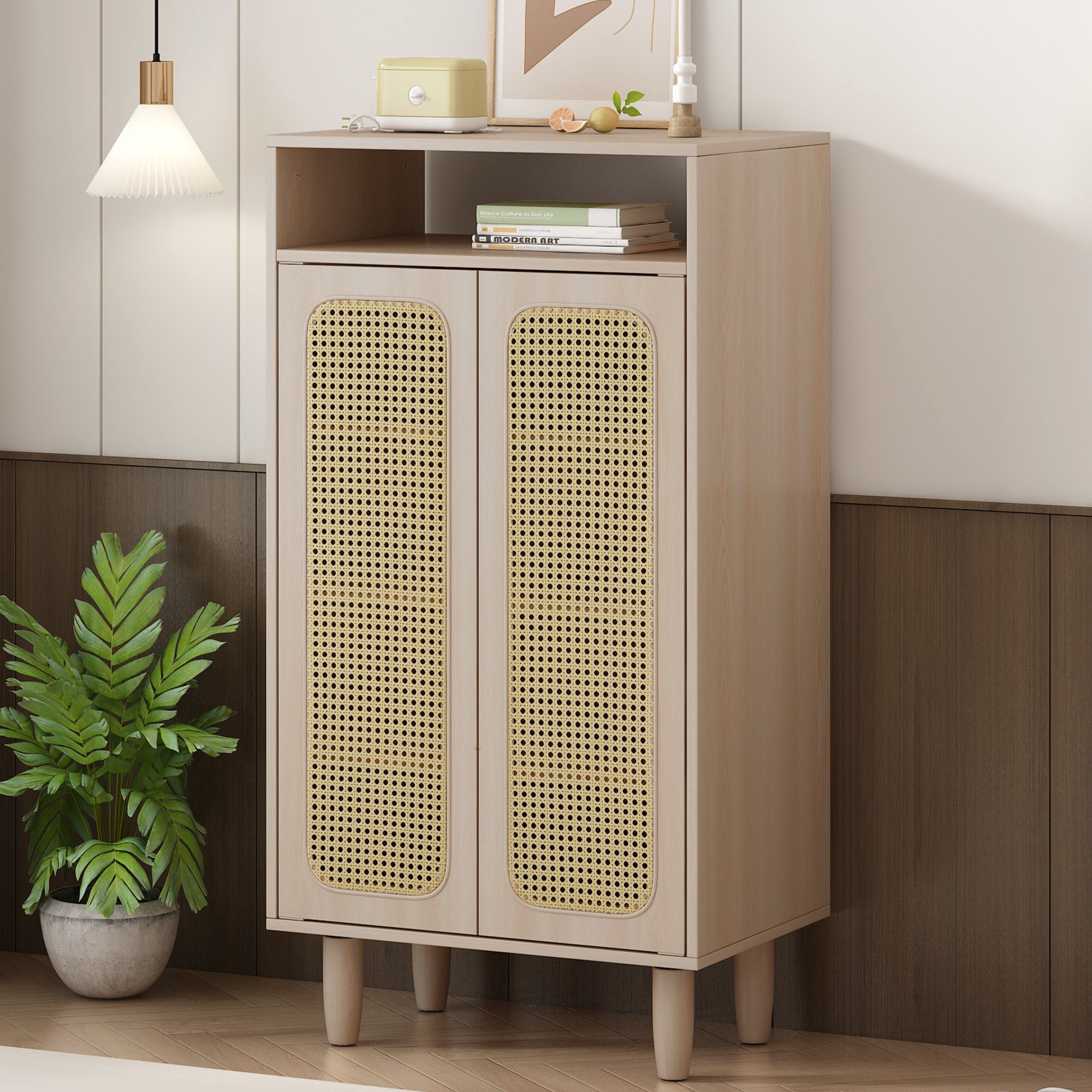 OKWISH Highboard Sideboard (mit Rattantüren und offenen Fach), Sideboard mit verstellbare Einlegeböden