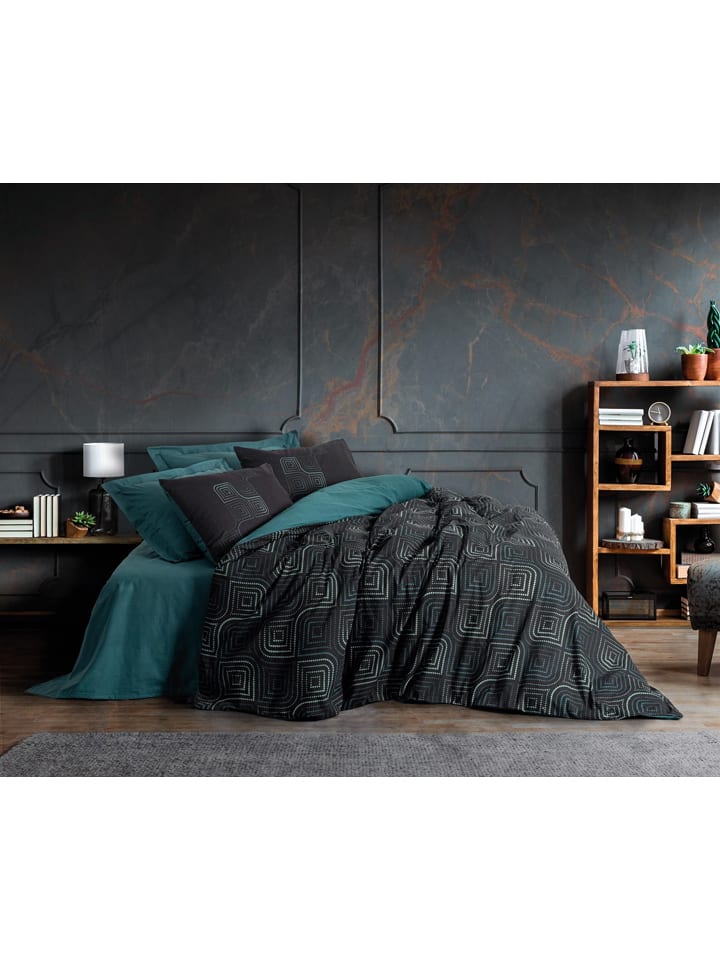 Colourful Cotton Renforcé-Bettwäsche-Set in Schwarz/ Petrol günstig kaufen
