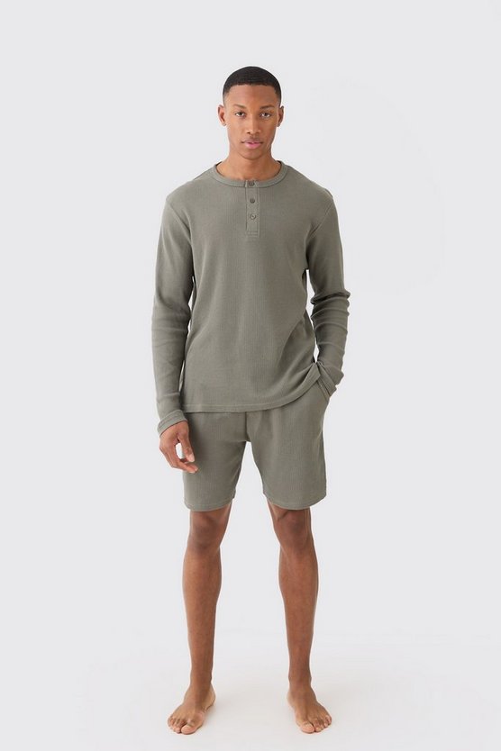 Waffle Lounge Long Sleeve Top & Short Set In Khaki