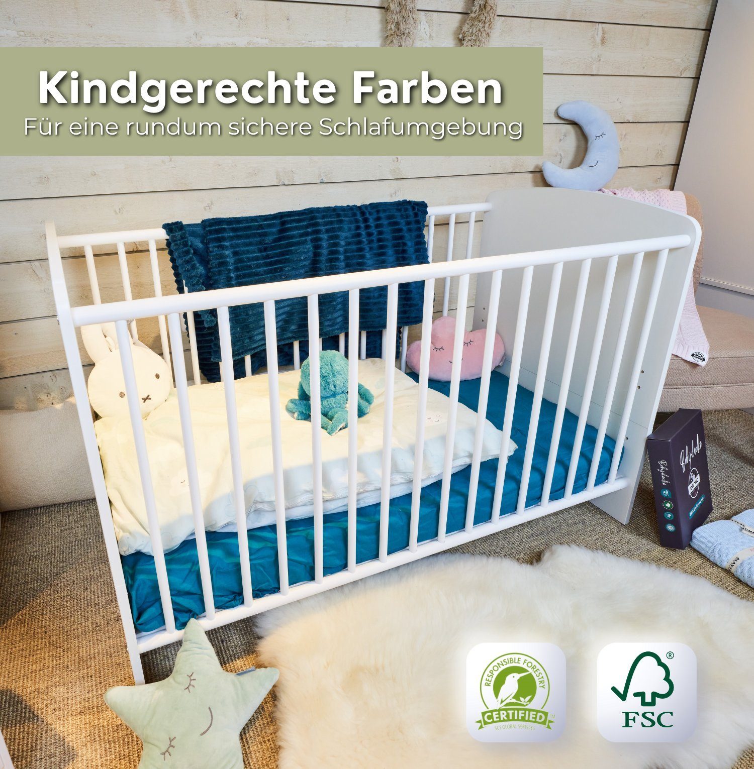 Alavya Home® Babybett STORM I Kinderbett Umbaubares Gitterbett höhenverstellbar, Babybett 60x120 cm inkl. Lattenrost mit herausnehmbare Sprossen