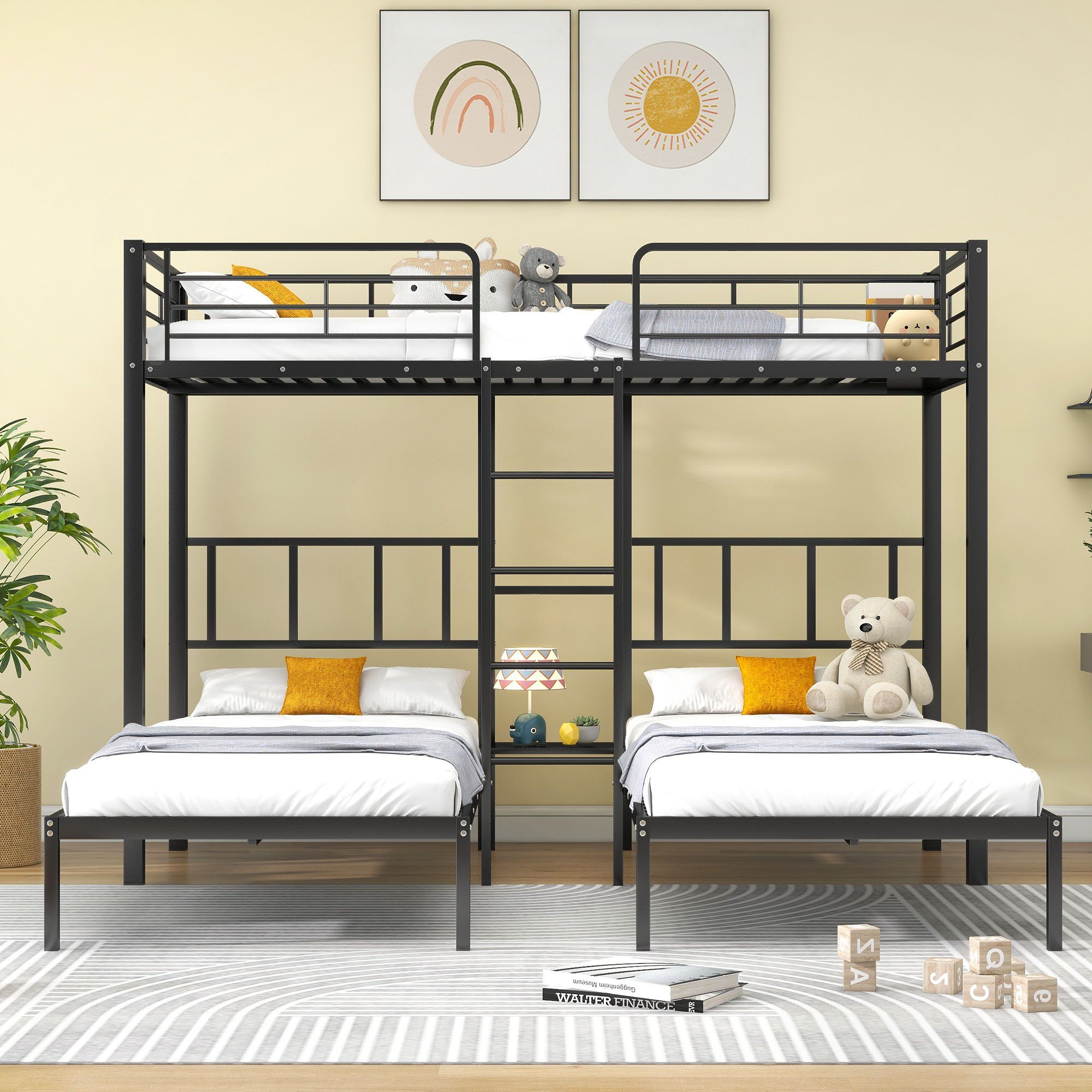 Flieks Etagenbett, Dreierbett Kinderbett Metallbett mit Leiter 90x200cm*3