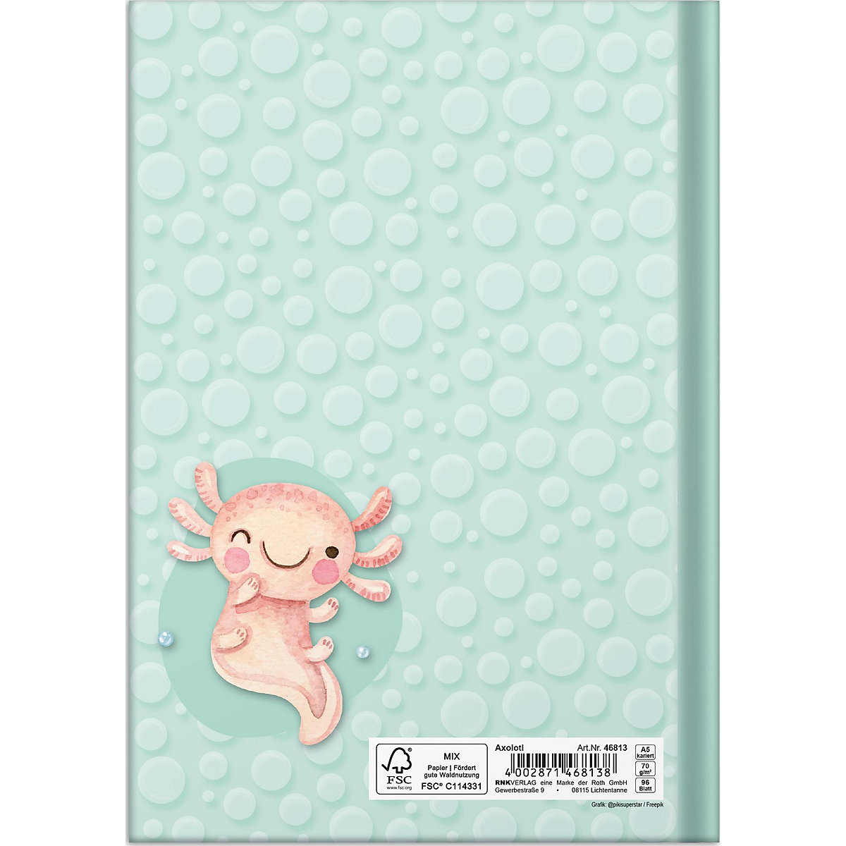 Notizbuch Axoloti, kariert, DIN A5, 96 Blatt