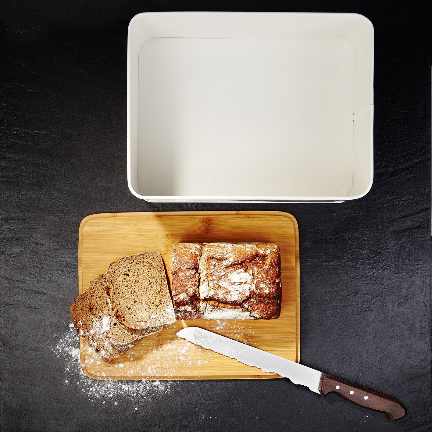 Lumaland Brotkasten Cuisine, Edelstahl, (1-tlg), Brotbox Metall Bambus Deckel rechteckig 30x23x14cm