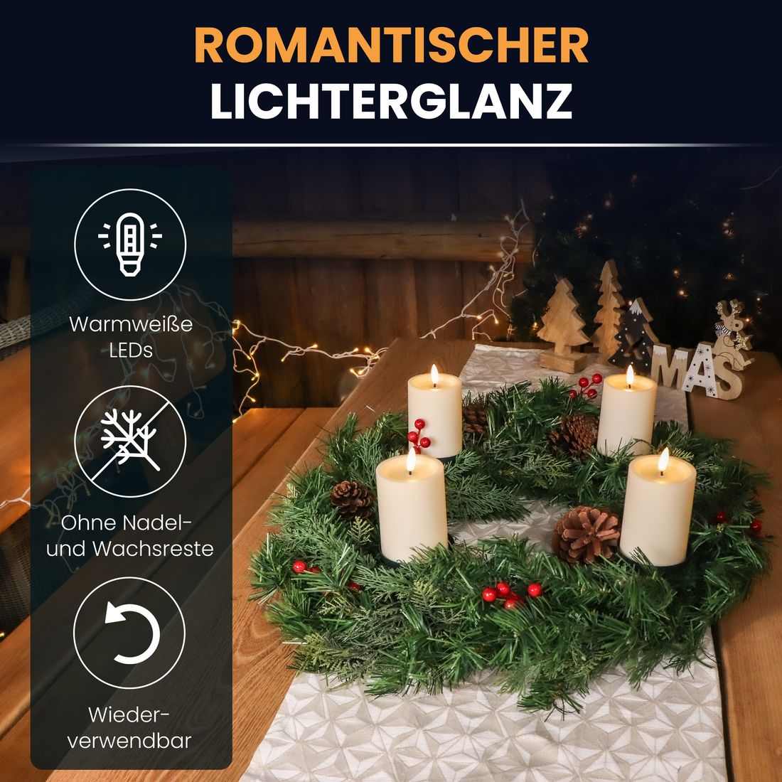 Gartenpirat Gartenpirat Künstlicher Adventskranz Ø 60 cm mit 4 LED-Kerzen Flacker-Effekt
