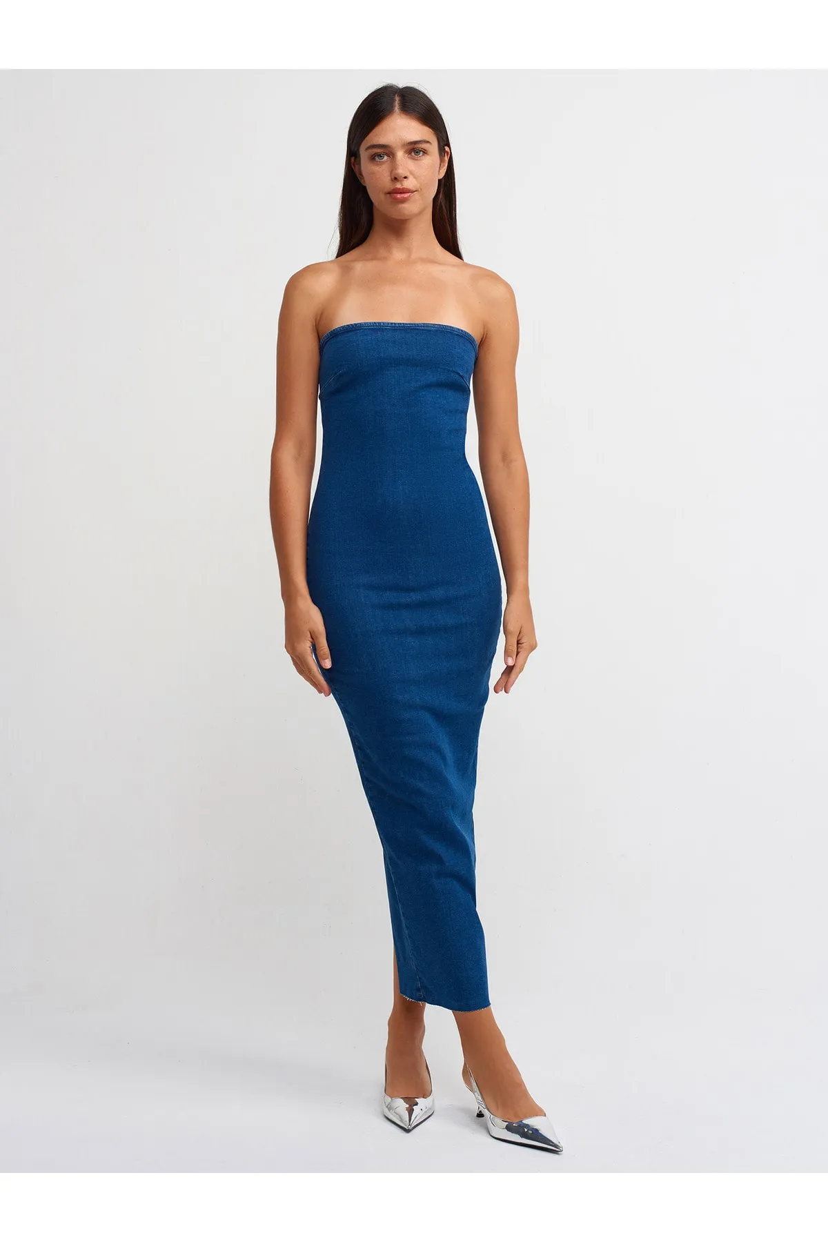 Dilvin  90523 Nahtloser Rock, trägerloses Jeanskleid – Marineblau