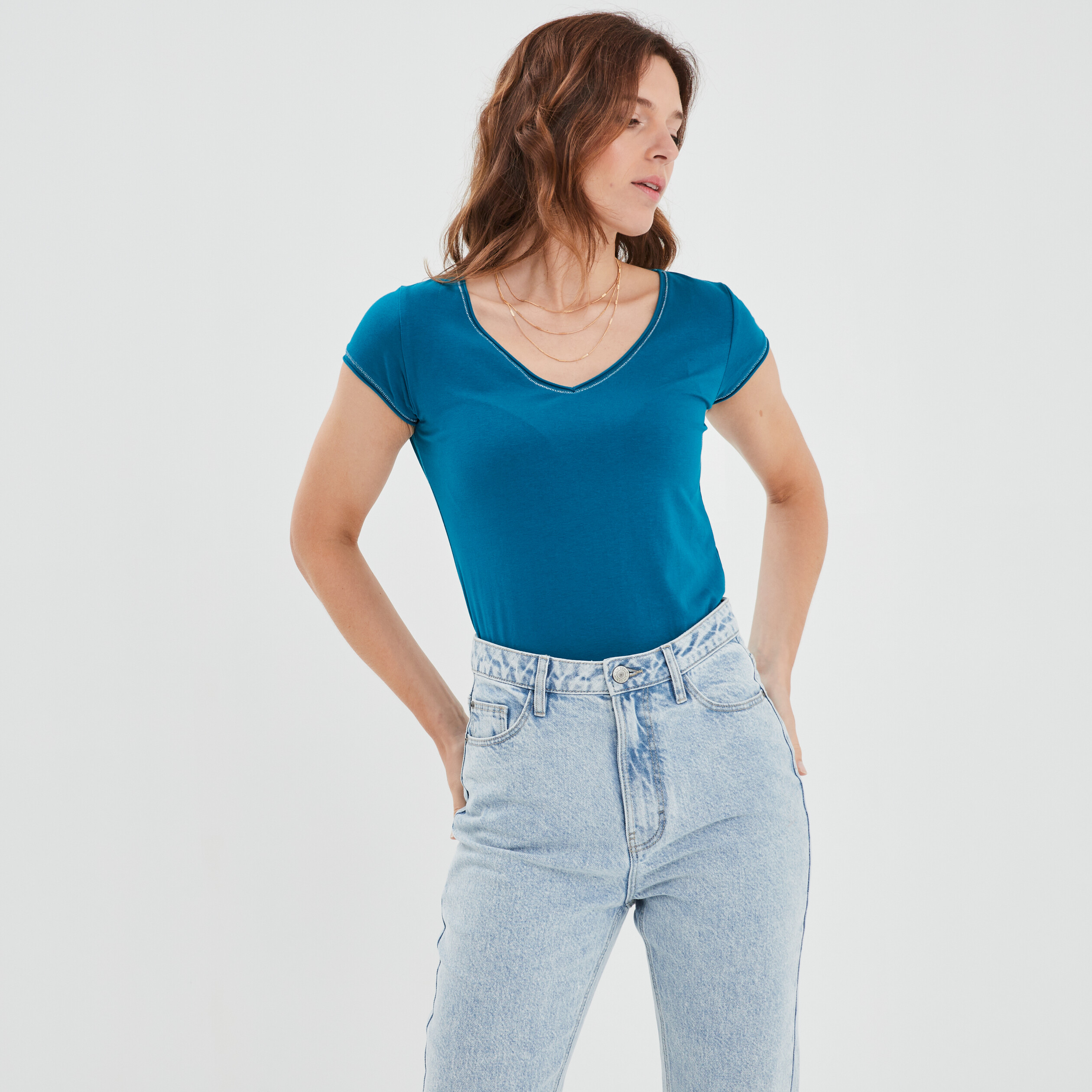T-shirt manches courtes ajusté bleu canard femme | La Halle