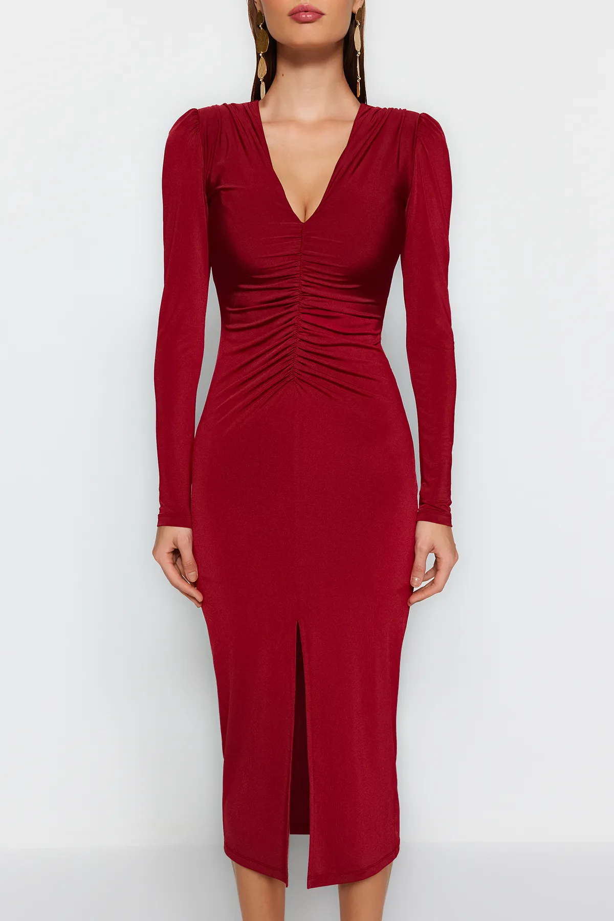 Trendyol Collection  Burgunderfarbenes, tailliertes, gestricktes, elegantes Abendkleid TPRAW24EL00079