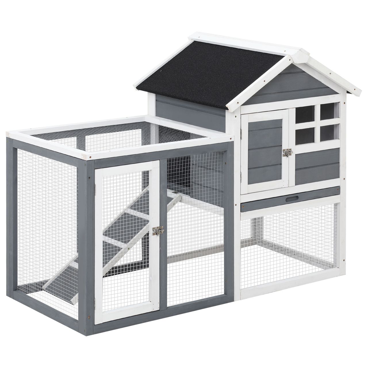 PawHut Kaninchenstall Tannenholz Outdoor Indoor Kleintierstall Kleintierhaus Kleintierkäfig Herausnehmbare Bodenwanne und Rampe Grau Schwarz Weiß 122 x 62,6 x 92 cm
