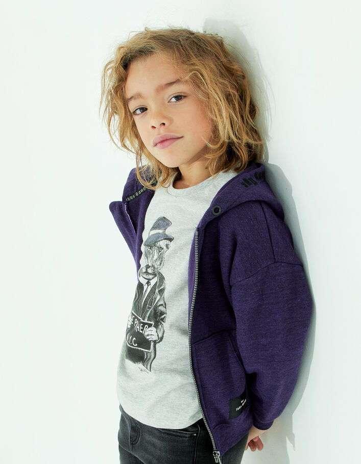 Cardigan violet molleton broderie capuche garçon