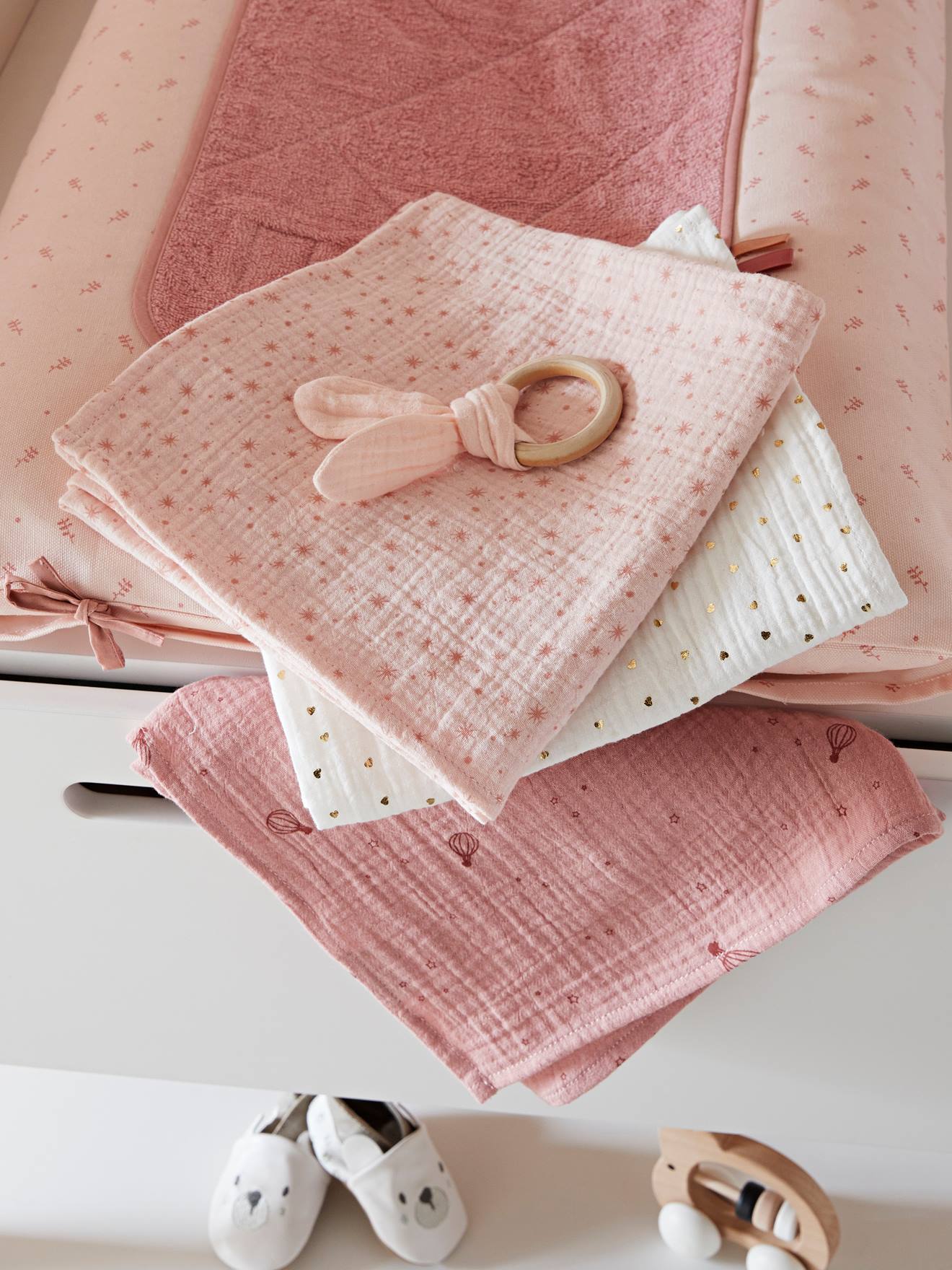 Vertbaudet 3er-Pack Baby Wickeltücher Oeko-Tex, personalisierbar - weiß herzen+rosa+dunkelrosa