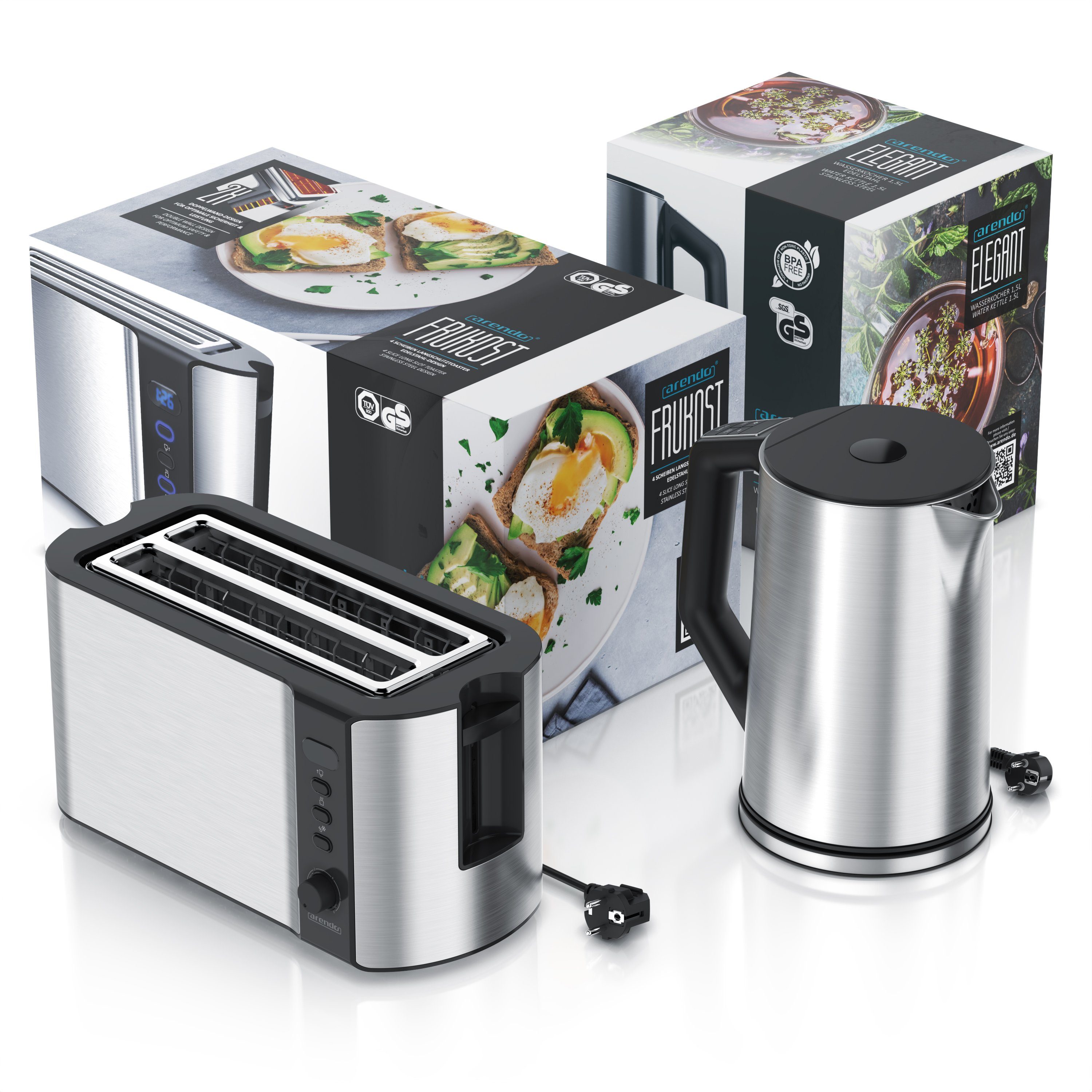 Arendo Frühstücks-Set (2-tlg), Edelstahl Wasserkocher 1,5l, 4-Scheiben Langschlitz Toaster, Silber
