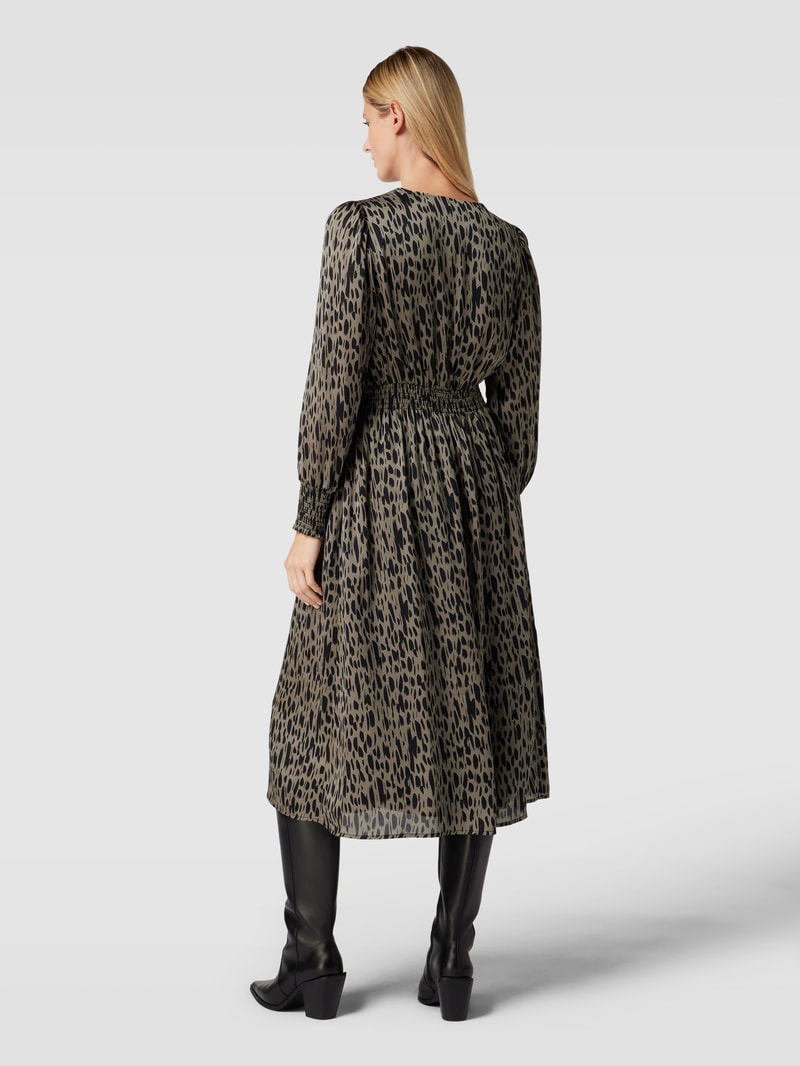 Midikleid mit Animal-Print und Smok-Details in olivgrün