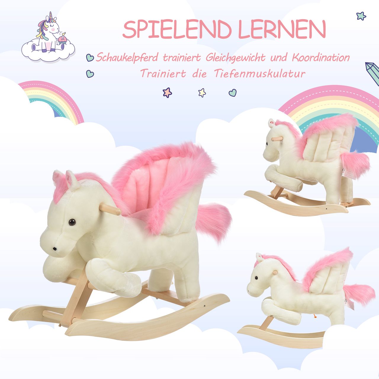 HOMCOM Kinder Schaukelpferd Baby Schaukeltier Pferd mit Tiergeräusche Spielzeug Haltegriffe für 18-36 Monate Plüsch Weiß Rosa 70 x 28 x 57 cm