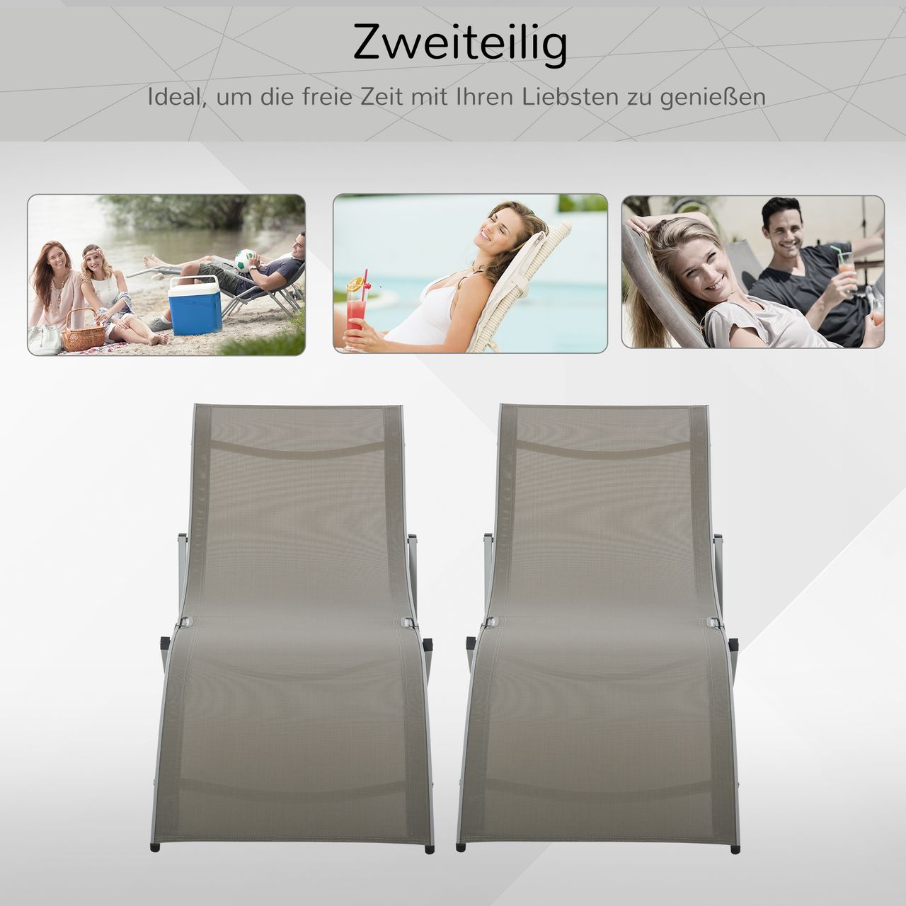 Outsunny 2er Set Sonnenliege Gartenliegen Stoffliege Relaxliege ergonomisch Aluminium Texteline Hellgrau 165 x 61 x 63 cm
