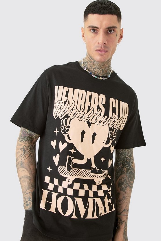 Tall schwarzes T-Shirt mit Members Club Worldwide Print