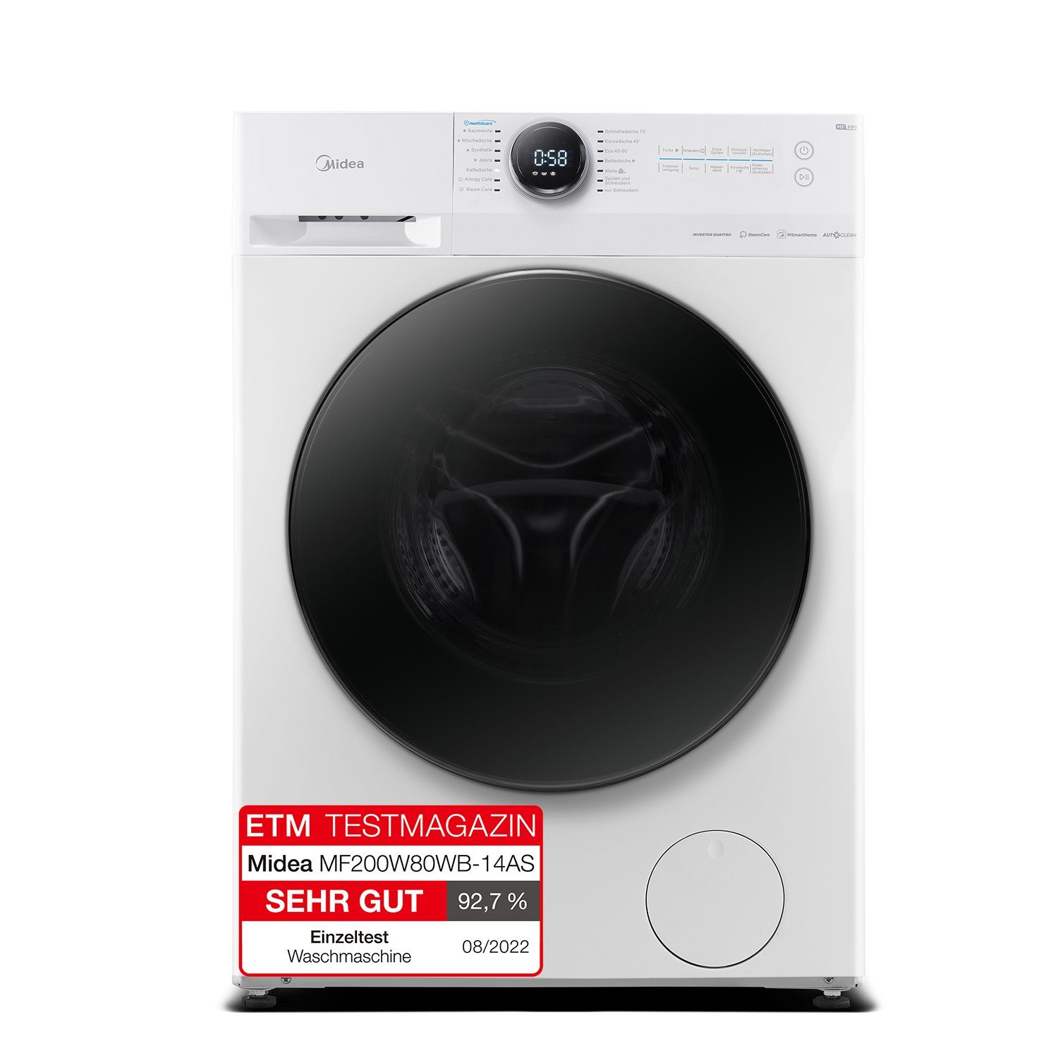 Midea Waschmaschine MF200W80WB-14AS, 8,00 kg, 1400 U/min, EEK A, Slim Design, Nachlegefunktion, Allergy Care, APP-Steuerung