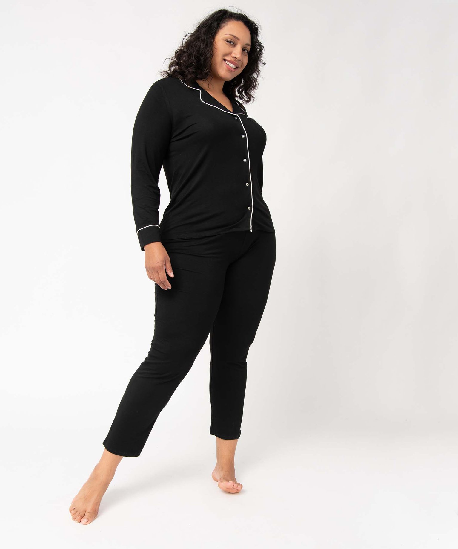Pyjama femme grande taille deux pièces : chemise et pantalon noir | GEMO