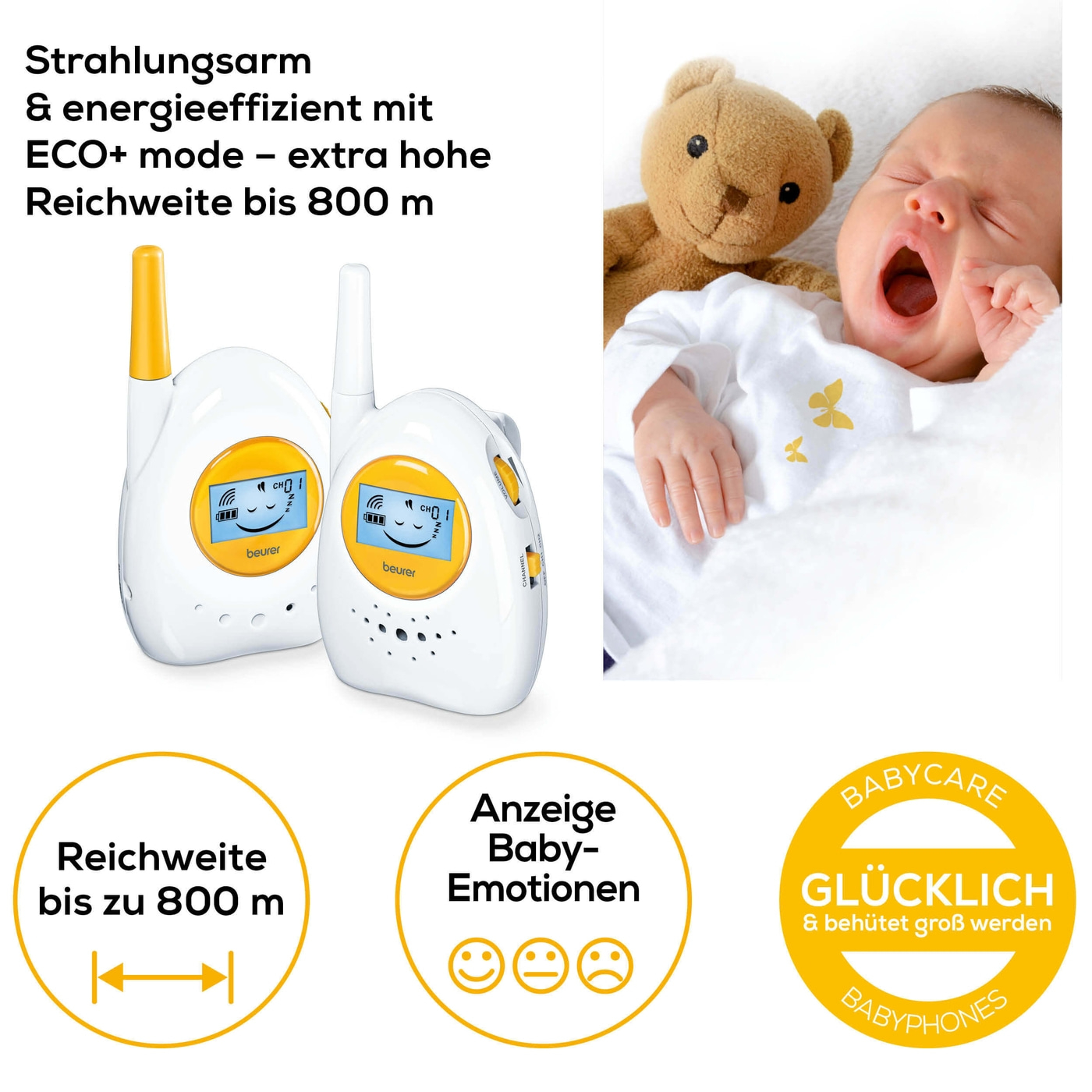 Beurer Analoges Babyphone BY 84-Raumüberwachungsgerät mit hoher Reichweite von 800 m