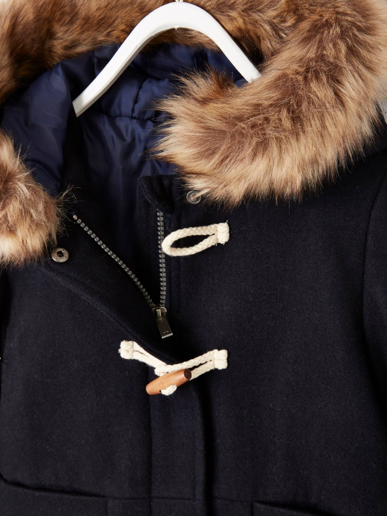 Duffle-coat à capuche en drap de laine fille fermeture par brandebourgs encre
