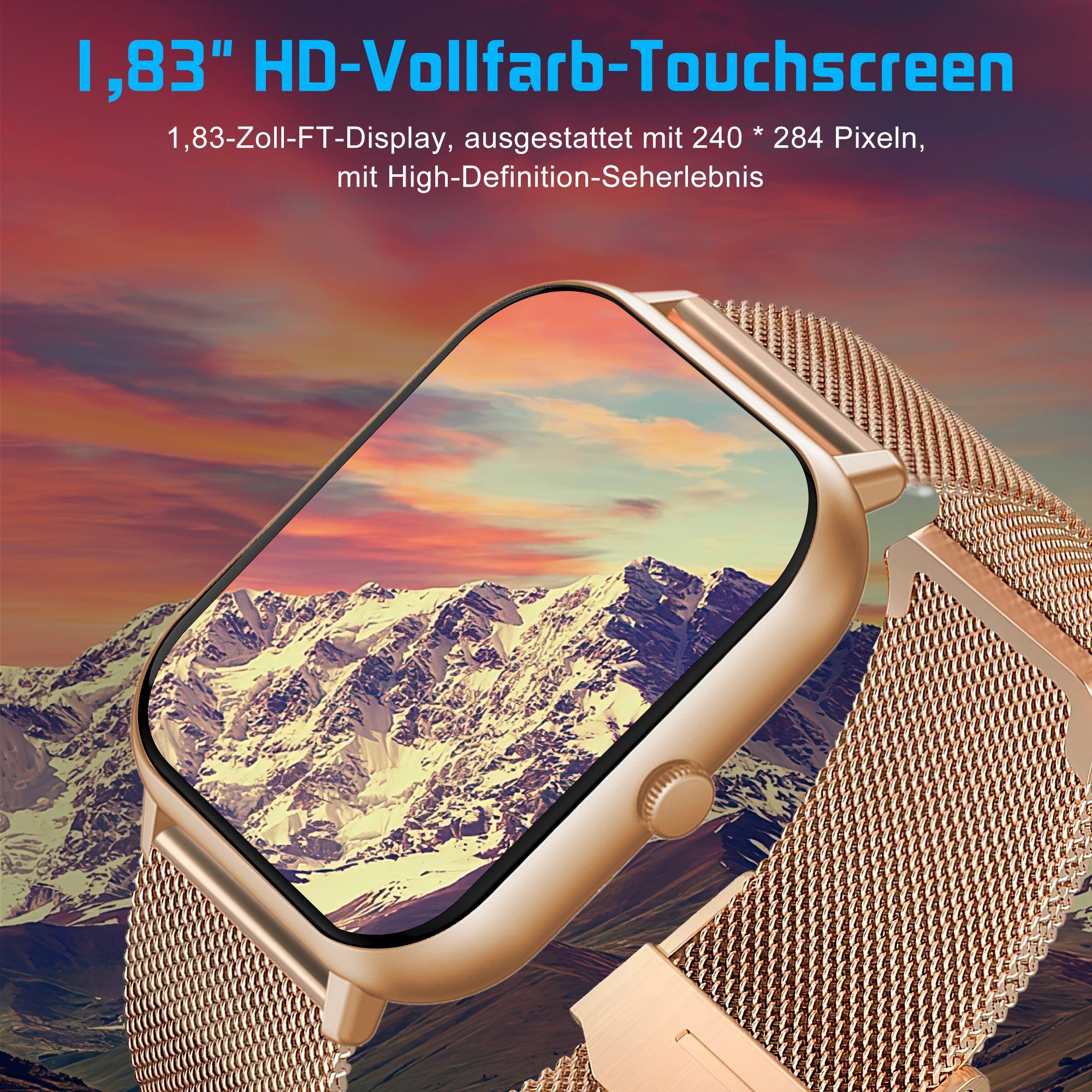Tisoutec Smartwatch Damen Herren Smartwatch (Fitnessuhr mit Telefonfunktion/WhatsApp Notiz,Smartwatch Fitness Tracker Uhr IP67 Wasserdicht,1.83