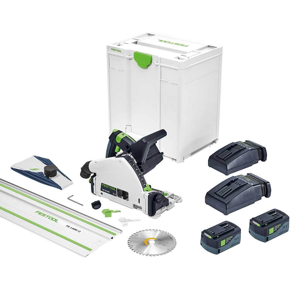 Serra de imersão sem escova FESTOOL 18V 2 x 5,2 Ah 160 mm com conjunto de trilho 1400 mm 577282