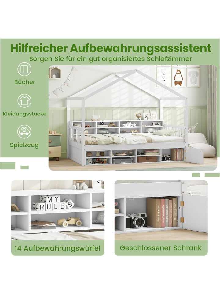 COSTWAY Kinderbett 90x200cm mit Dach & 14 Fächern in Weiß günstig kaufen onesize