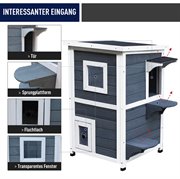 PawHut Katzenhaus 2 Etagen Katzenvilla mit Treppen Asphaltdach Tannenholz Grau