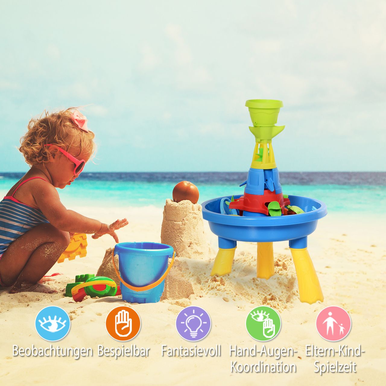 HOMCOM Kinder Spieltisch, Sandkastentisch mit 21-tlg. Zubehör, Wasserpark, Lernspielzeug, Baby Spielzeug ab 3 Jahren, PP, Bunt, 46 x 46 x 72 cm