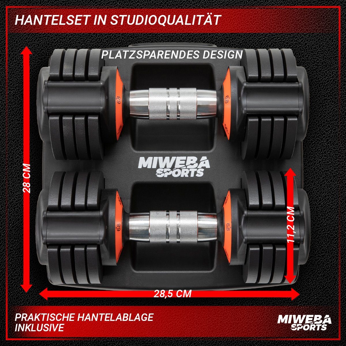 Miweba Sports Hantel-Set verstellbares Fitness Kurzhantel Set VH300 inkl. Gestell, (cleveres Verschlusssystem, Stahl, Kreuzgerändelte Hantelstange, rutschfest, Workout, Muskelaufbau, Sport, 1,4-6,8 kg, 5 Gewichtsstufen, 16 Gewichtsscheiben á 0,7 kg,