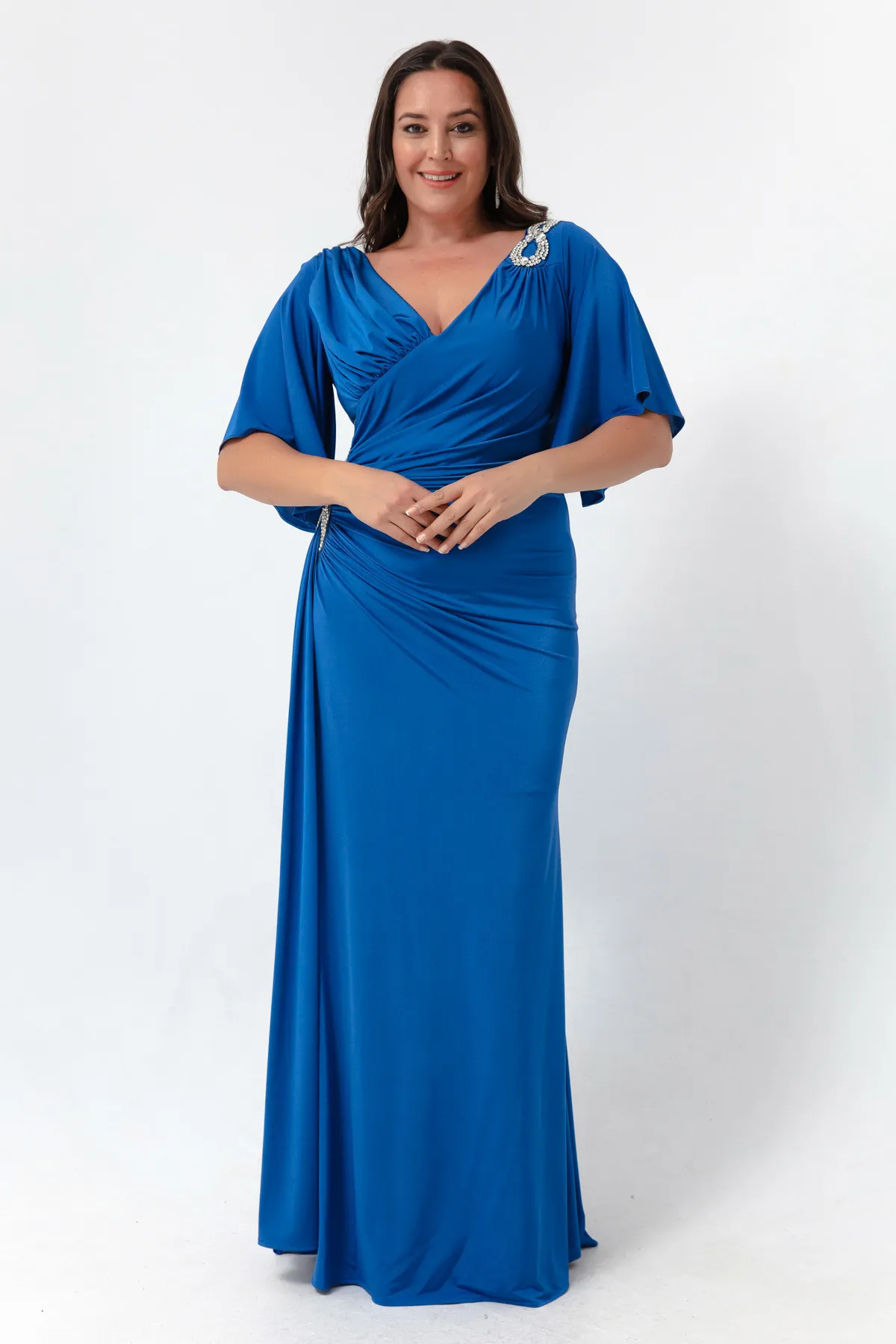 Lafaba  Blaues Abendkleid mit kurzen Ärmeln und Schlitz für Damen in Übergröße
